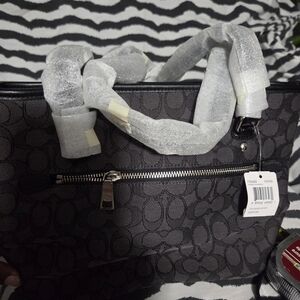 Coach Women's Signature Jacquard Canvas, Leather Trim,Black Smoke,  Leather